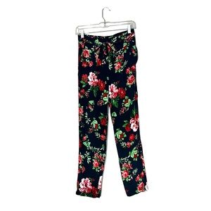 Forever 21 Floral Navy Blue Front Belted Tie-Waist Pants Size Small